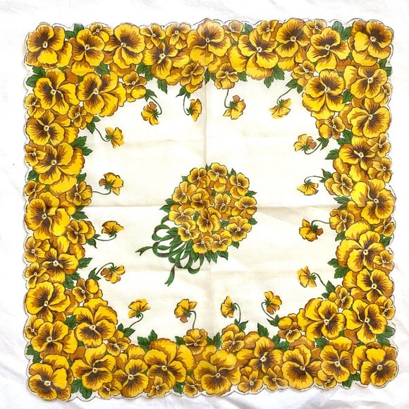 Vintage Large Handkerchief Hankie Yellow Pansies Floral Flowers 17" Square - Picture 1 of 9